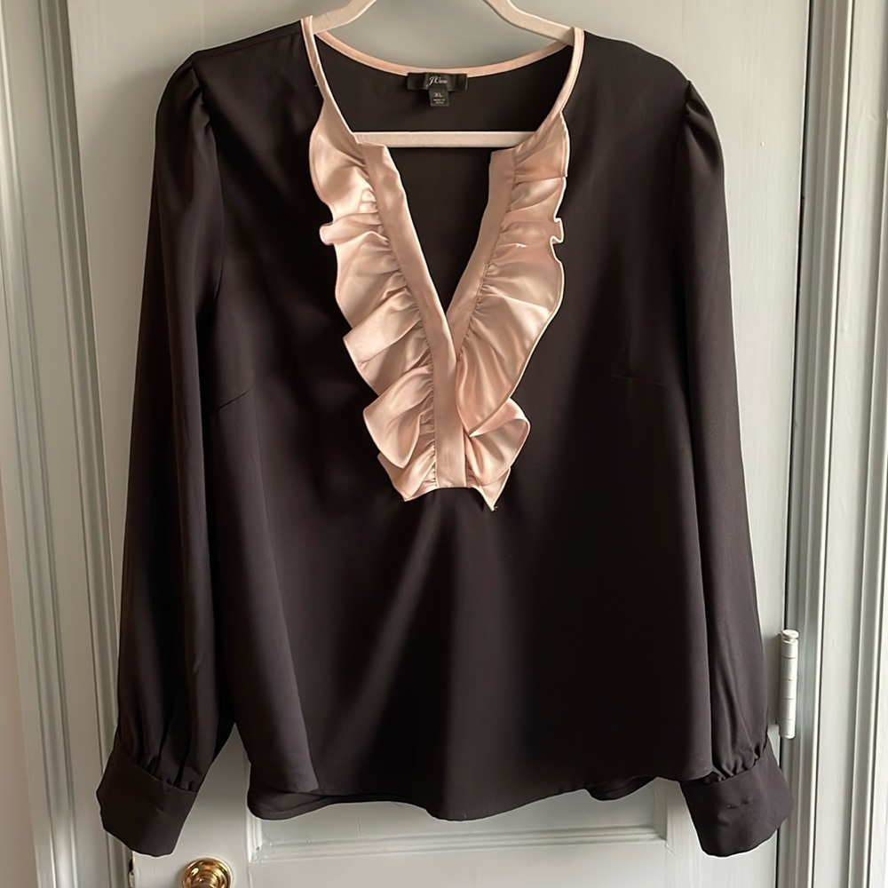 J Crew Black Blouse with Ivory Satin Ruffle Split Neck Size XL